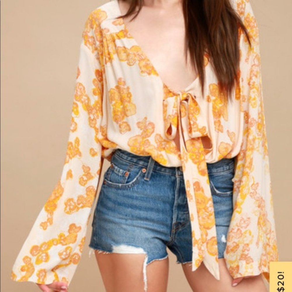 Free People Intimately Free Forties Feels Floral Bodysuit Top Bell Sleeve Sz XS